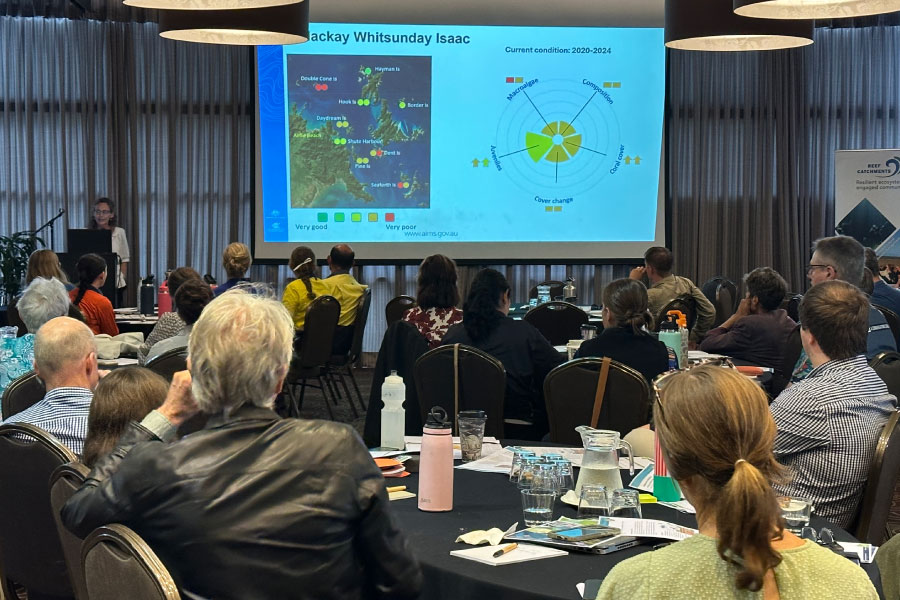 People at tables looking at presentation on screen