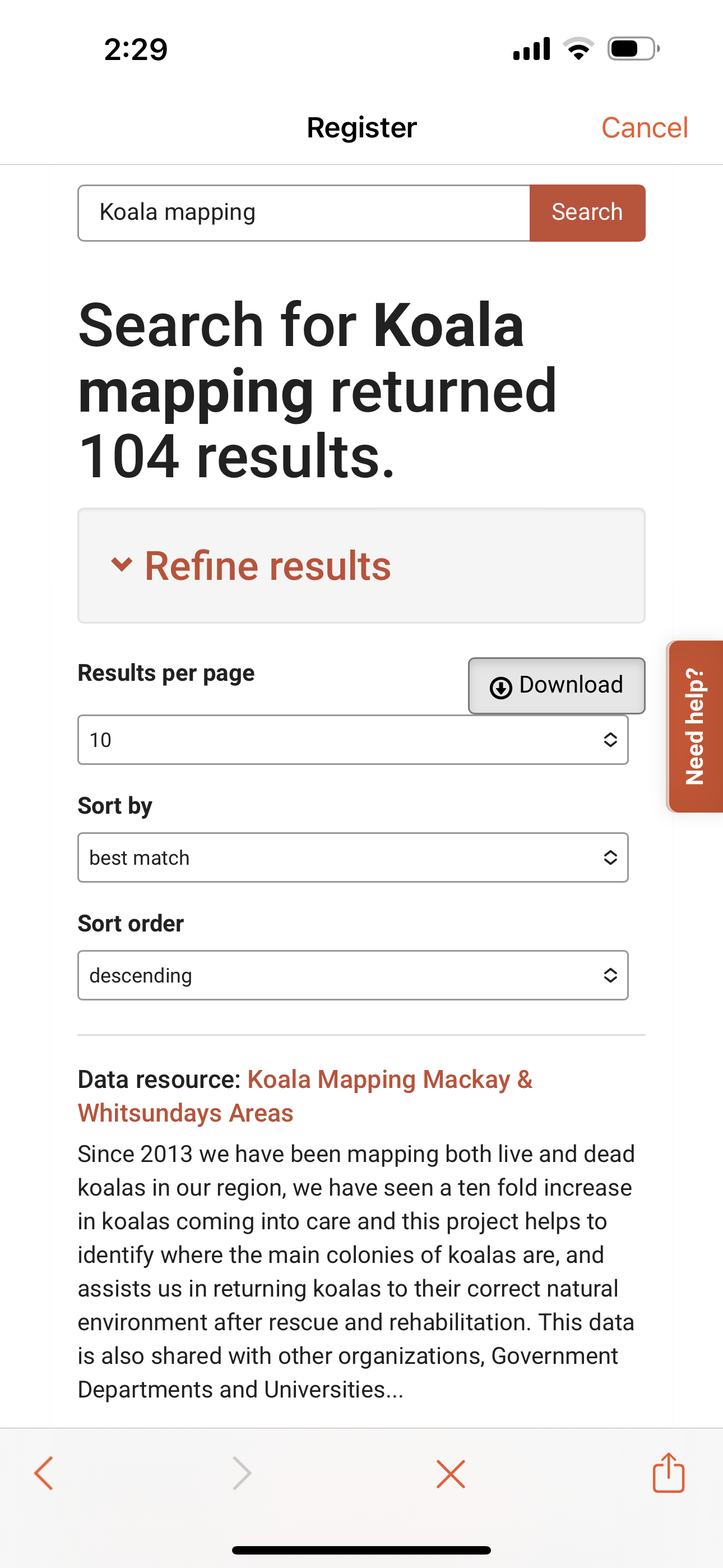 Screenshot - biocollect Koala Mapping search results