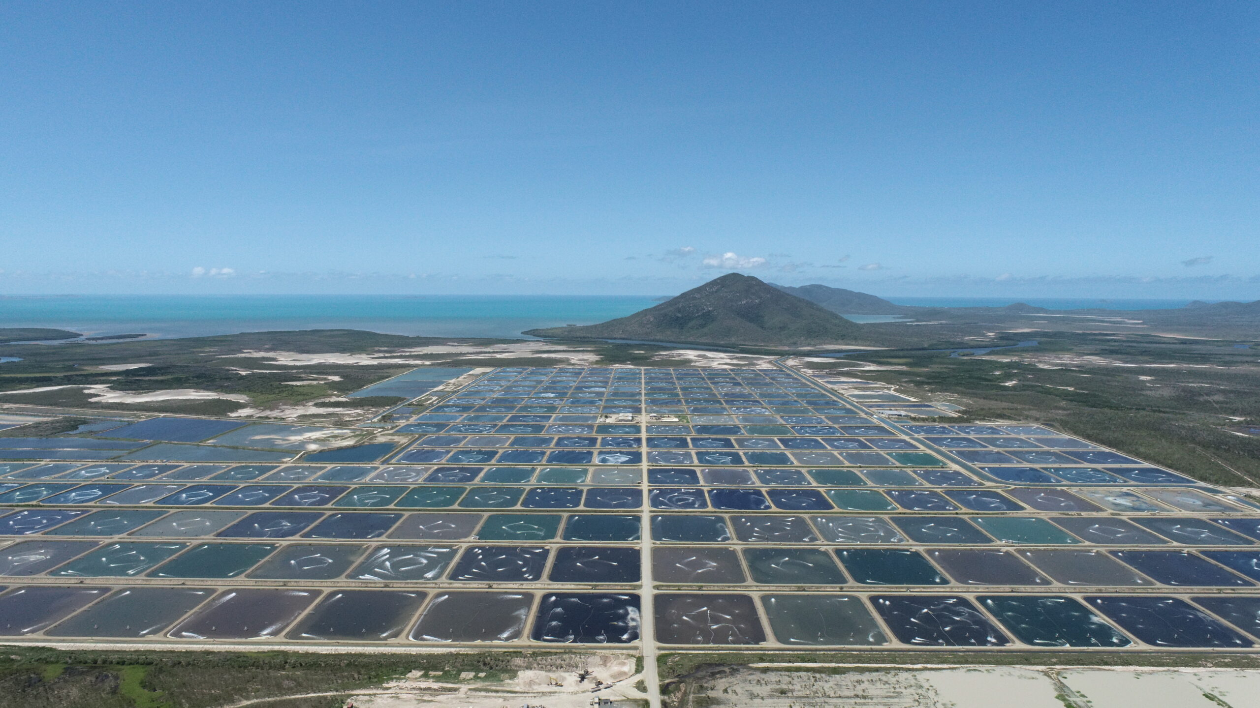 arerial shot of the tassals prawn farm in proserpine